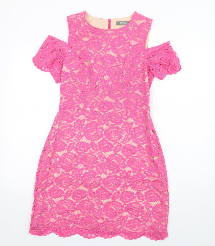 Oasis Womens Pink Floral Patent Leather A-Line Size 10 Round Neck Zip - Cold Shoulder