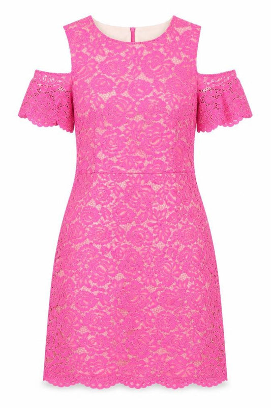 Front view of Oasis women’s pink floral patent leather a-line, size UK 10, round neck zip - cold shoulder