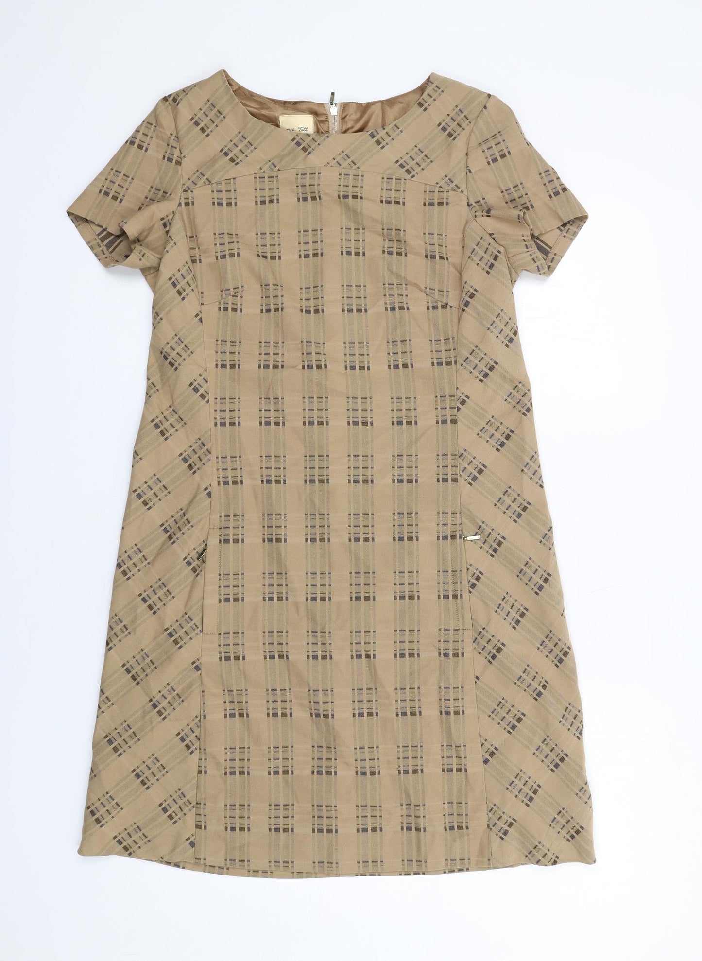 NEXT Womens Brown Check Polyester A-Line Size 10 Boat Neck Zip
