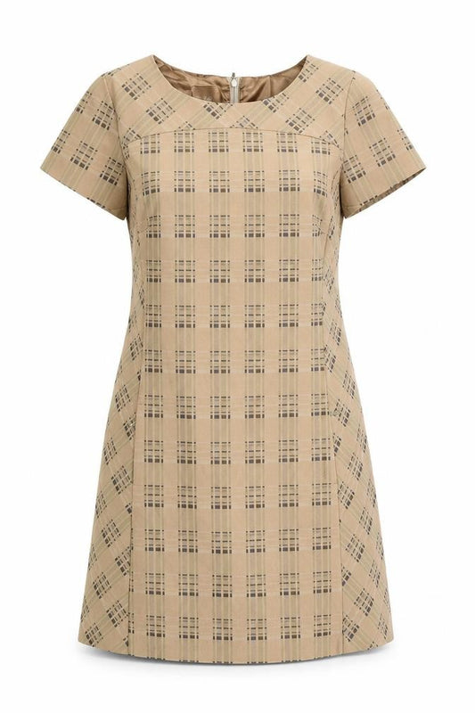 Front view of Next women’s brown check polyester a-line, size UK 10, boat neck zip