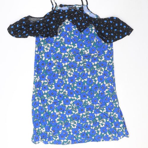 Miss Selfridge Womens Blue Floral Viscose Tank Dress Size 12 High Neck Pullover