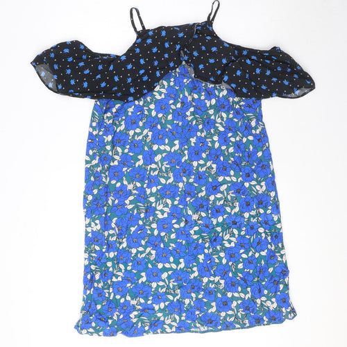 Miss Selfridge Womens Blue Floral Viscose Tank Dress Size 12 High Neck Pullover