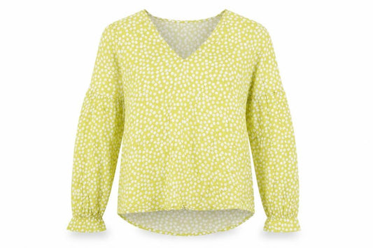 Front view of Comma women’s green polka dot viscose basic blouse, size UK 6, v-neck
