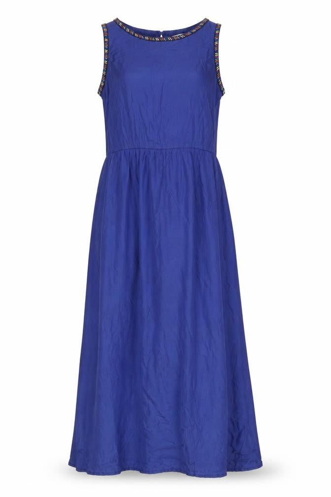 Front view of Monsoon women’s blue viscose maxi, size UK 10, crew neck zip
