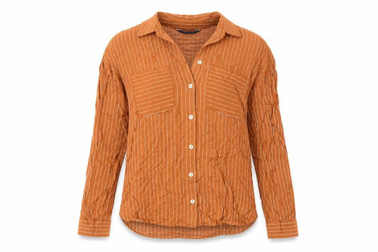 Front view of Marks & Spencer women’s orange striped viscose basic button-up, size UK 6, collared