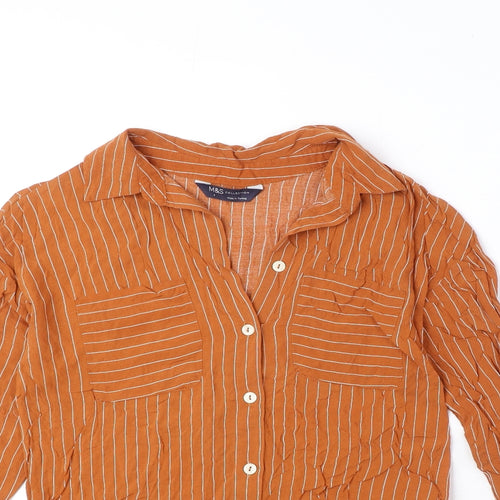 Marks and Spencer Womens Orange Striped Viscose Basic Button-Up Size 6 Collared