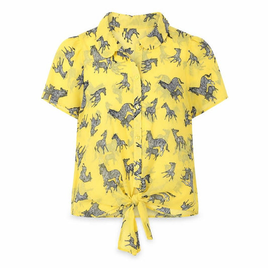 Front view of Henry Holland women’s yellow animal print polyester basic button-up, size UK 6, collared - zebra