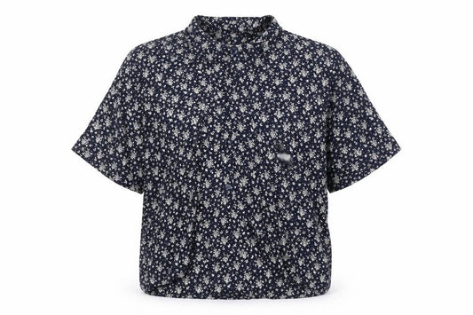 Front view of Moments women’s blue geometric viscose basic button-up, size UK 16, collared