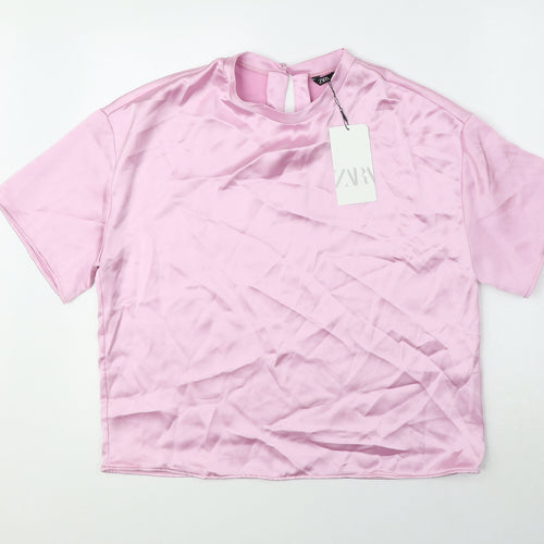 Zara Womens Pink Polyester Basic Blouse Size M Round Neck