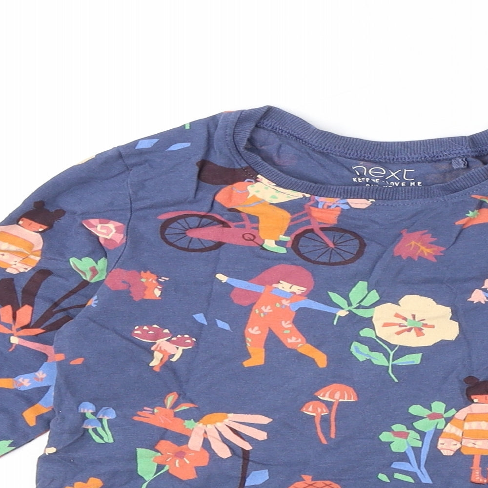 NEXT Girls Blue Geometric 100% Cotton Pullover T-Shirt Size 6-7 Years Round Neck Pullover - Nature Print