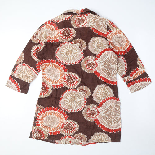 Marco Pecci Womens Brown Geometric Linen Basic Button-Up Size 10 Collared