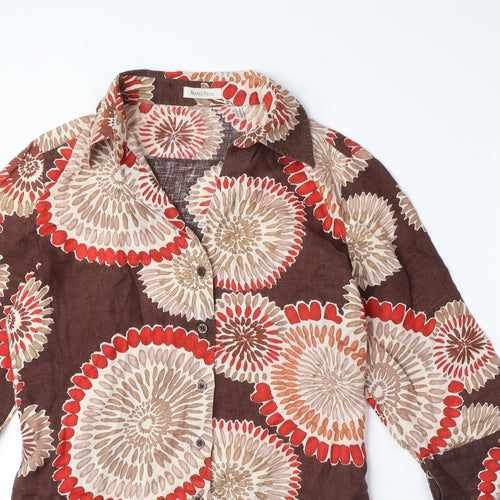 Marco Pecci Womens Brown Geometric Linen Basic Button-Up Size 10 Collared