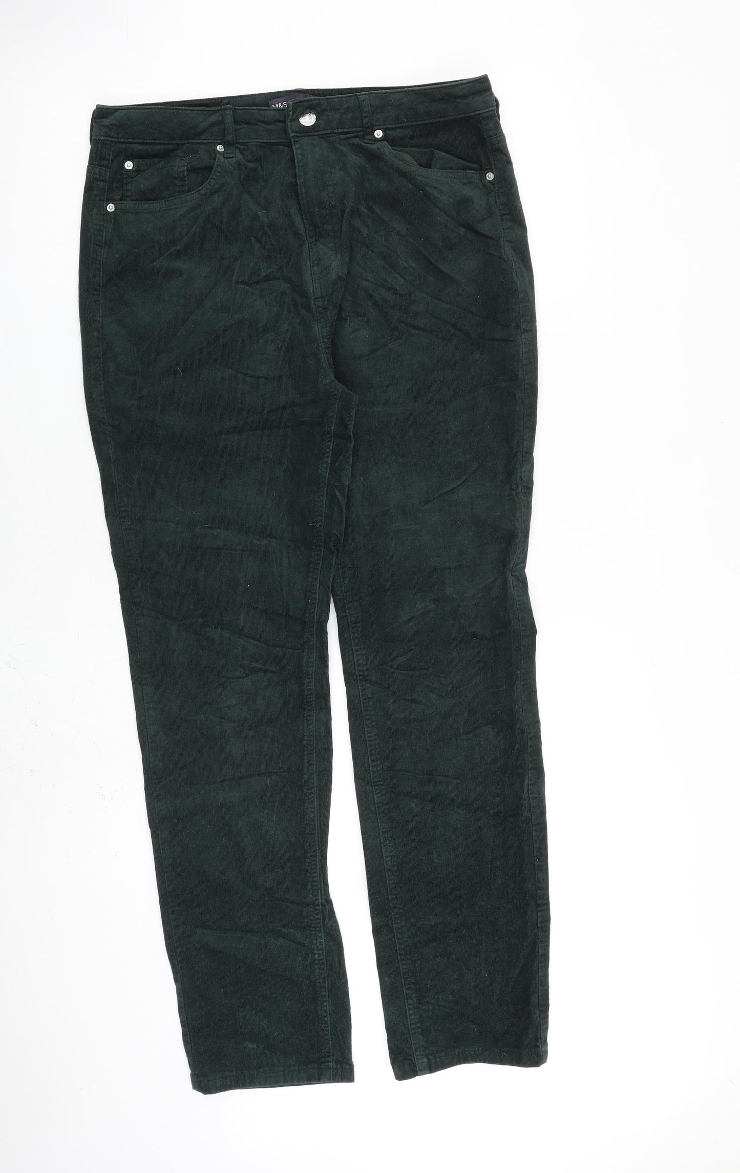 Marks and Spencer Womens Green Cotton Trousers Size 14 L30 in Regular Zip