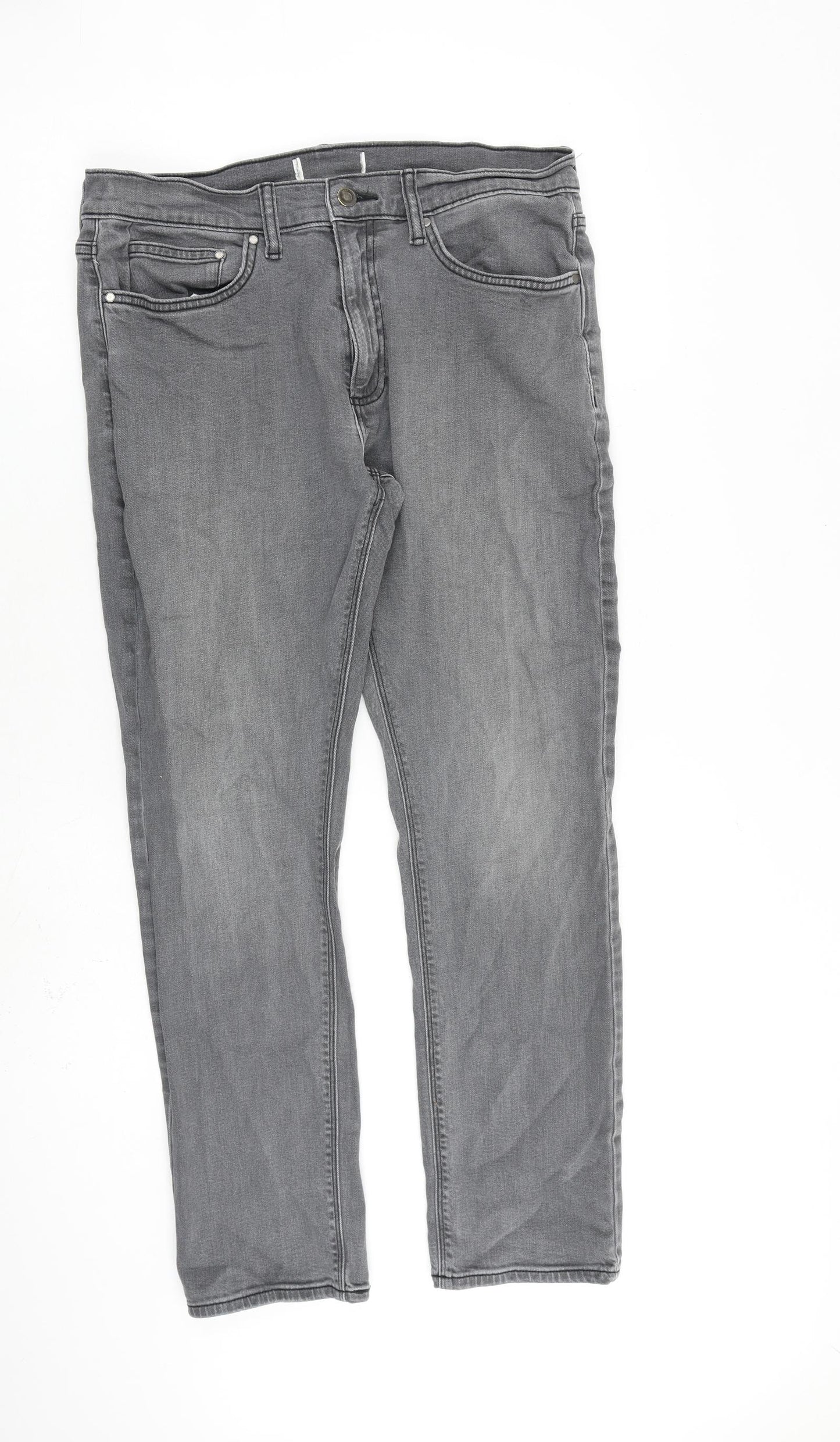 Marks and Spencer Mens Grey Cotton Straight Jeans Size 34 in L29 in Regular Zip