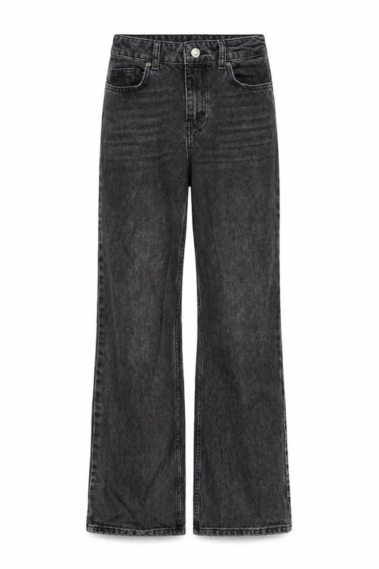 Front view of Topshop women’s grey cotton wide-leg jeans, size UK 26, in, 30-inch leg regular zip