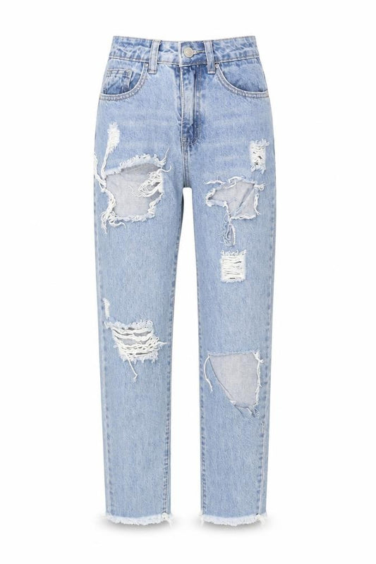 Front view of Missguided women’s blue cotton mom jeans, size UK 6, 26-inch leg regular zip