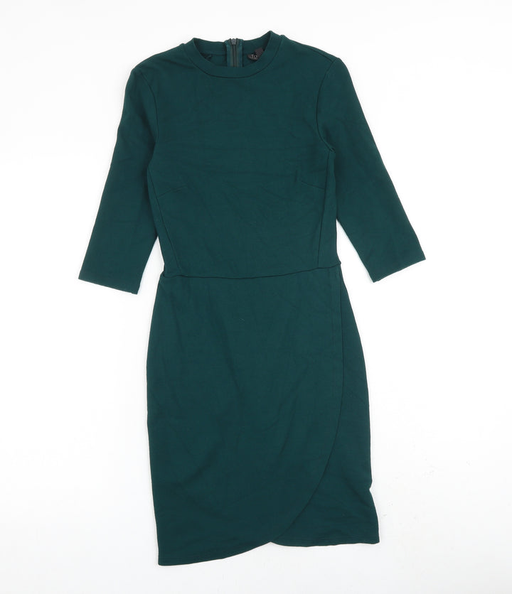 Topshop Womens Green Viscose Shift Size 8 Crew Neck Zip