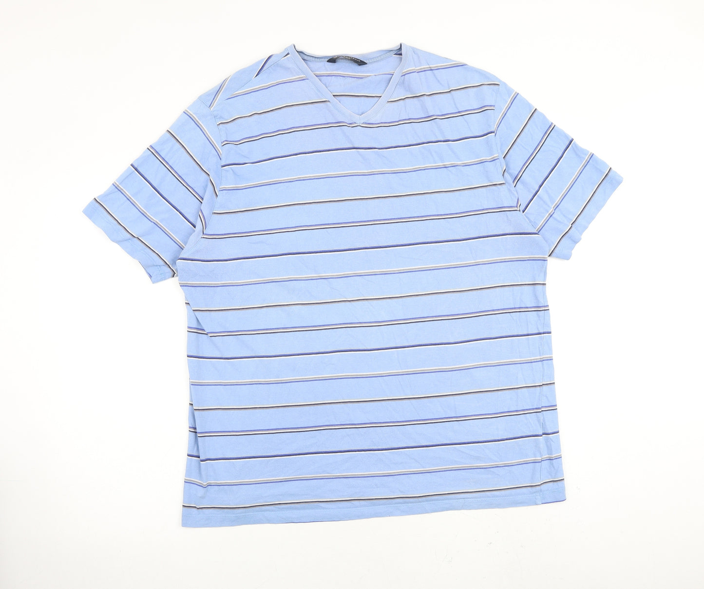 Marks and Spencer Mens Blue Striped Cotton T-Shirt Size XL V-Neck