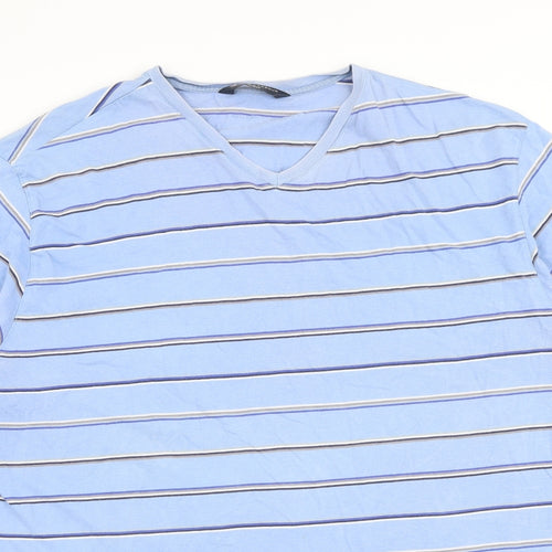 Marks and Spencer Mens Blue Striped Cotton T-Shirt Size XL V-Neck