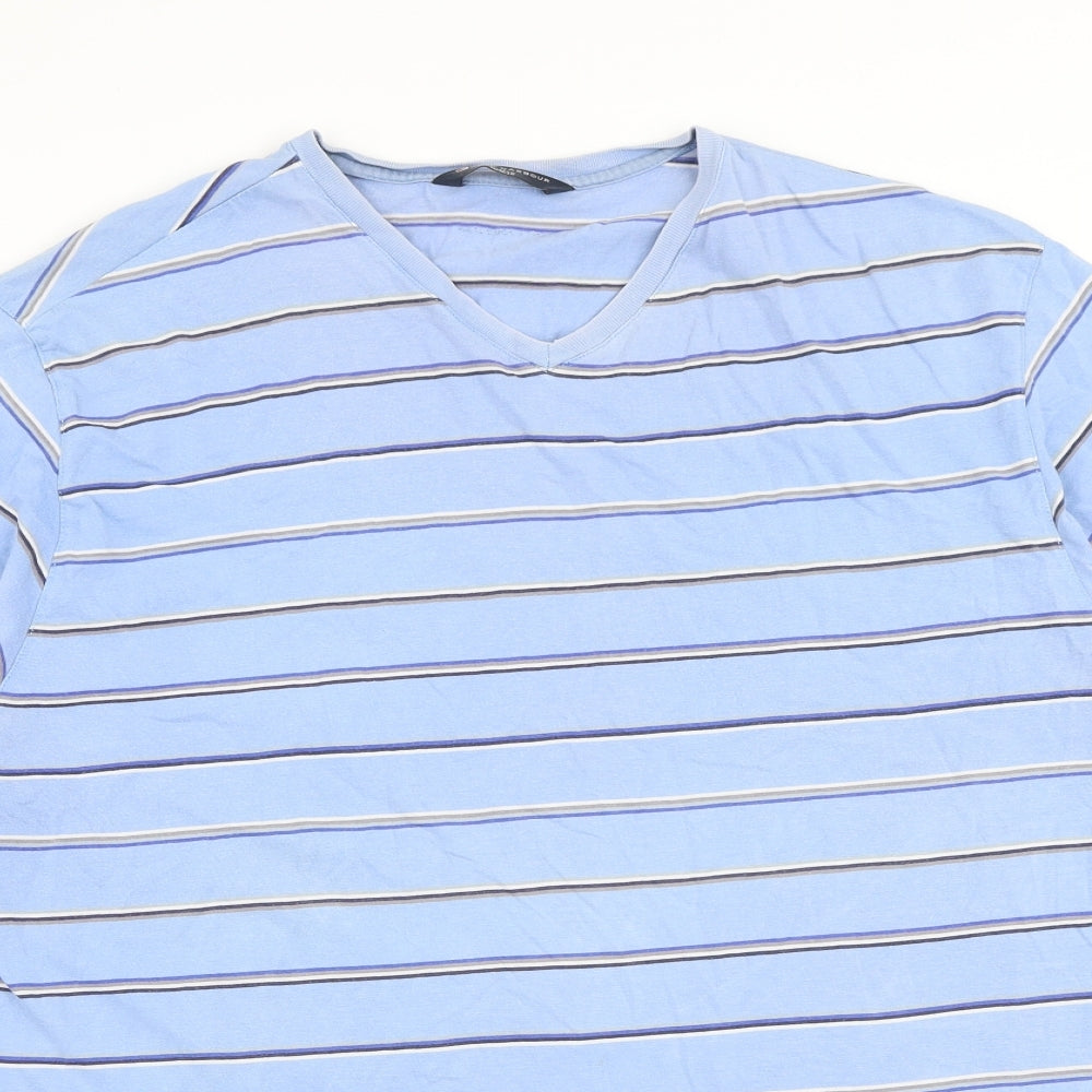 Marks and Spencer Mens Blue Striped Cotton T-Shirt Size XL V-Neck