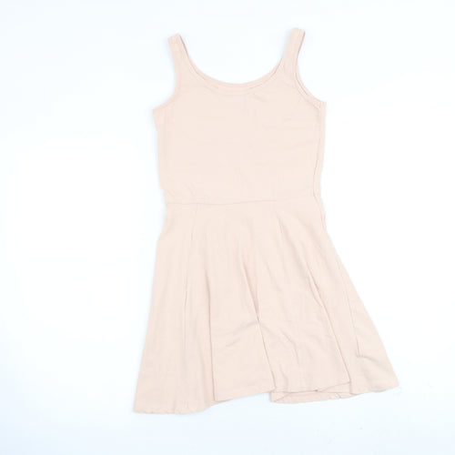 H&M Girls Pink 100% Cotton Skater Dress Size 11-12 Years Round Neck Pullover
