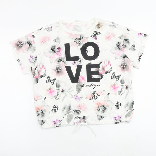 H&M Girls White Floral Cotton Basic Blouse Size 11-12 Years Crew Neck Pullover