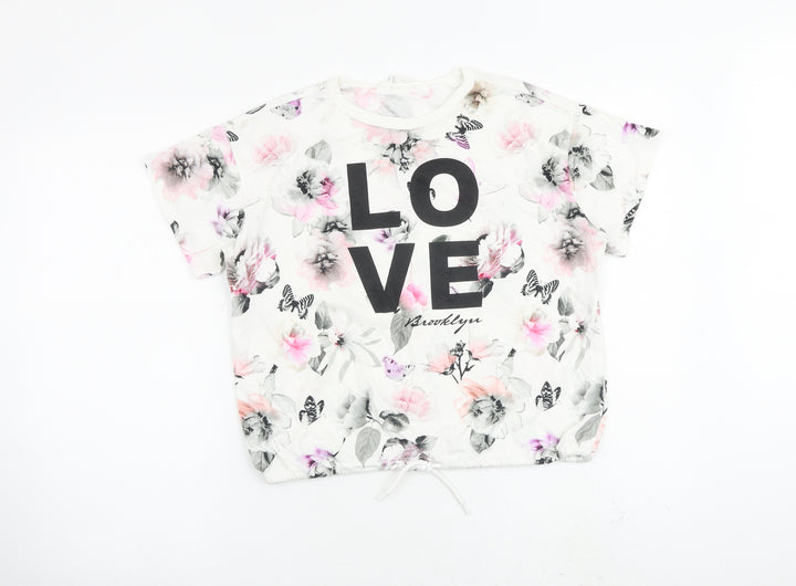 H&M Girls White Floral Cotton Basic Blouse Size 11-12 Years Crew Neck Pullover