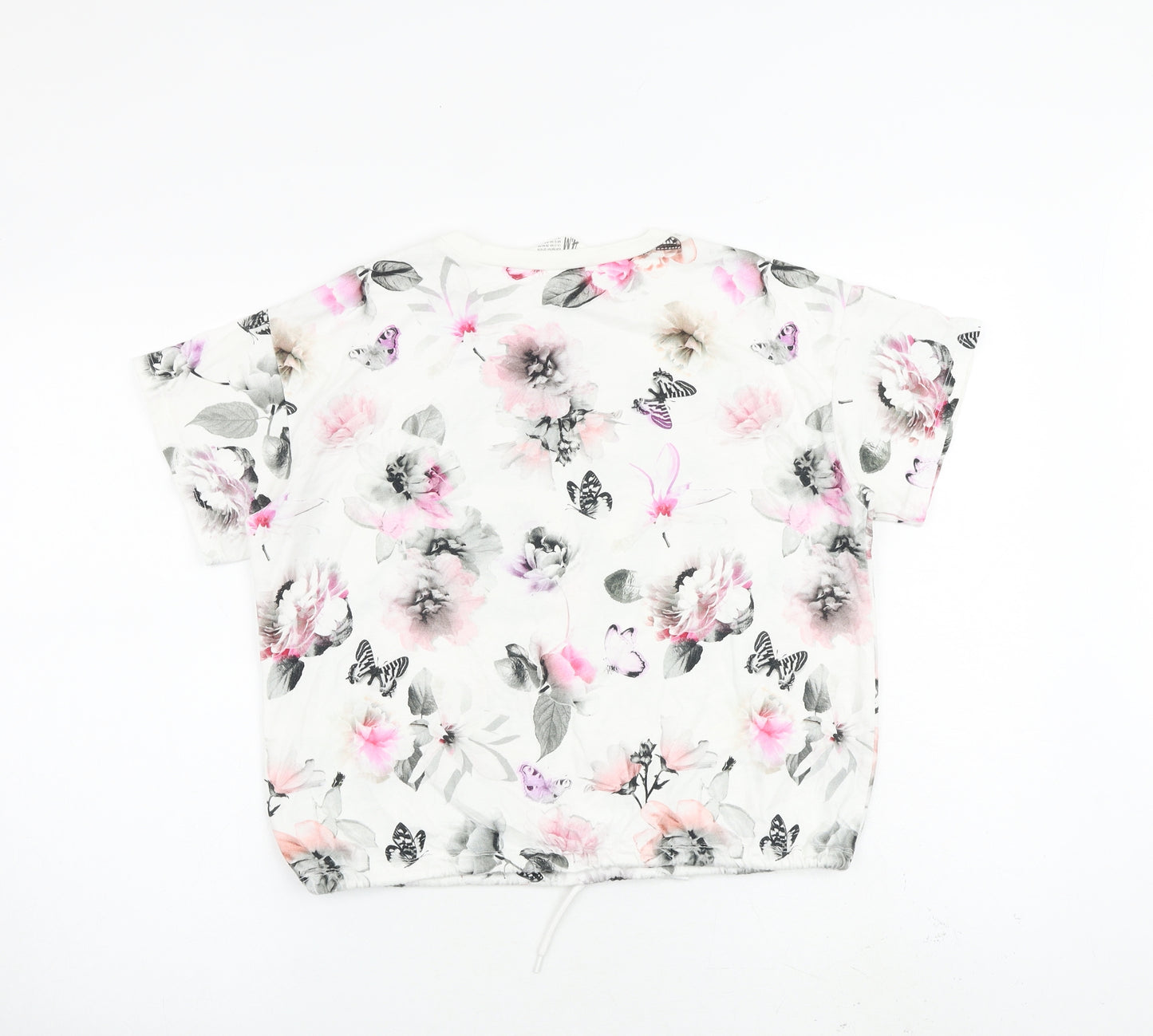 H&M Girls White Floral Cotton Basic Blouse Size 11-12 Years Crew Neck Pullover