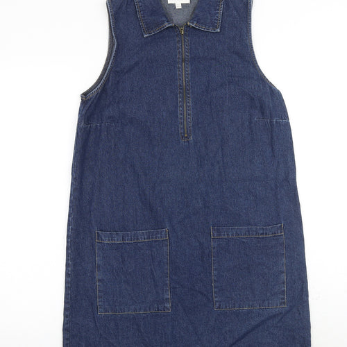 Apricot Womens Blue 100% Cotton Shirt Dress Size 12 Collared Zip