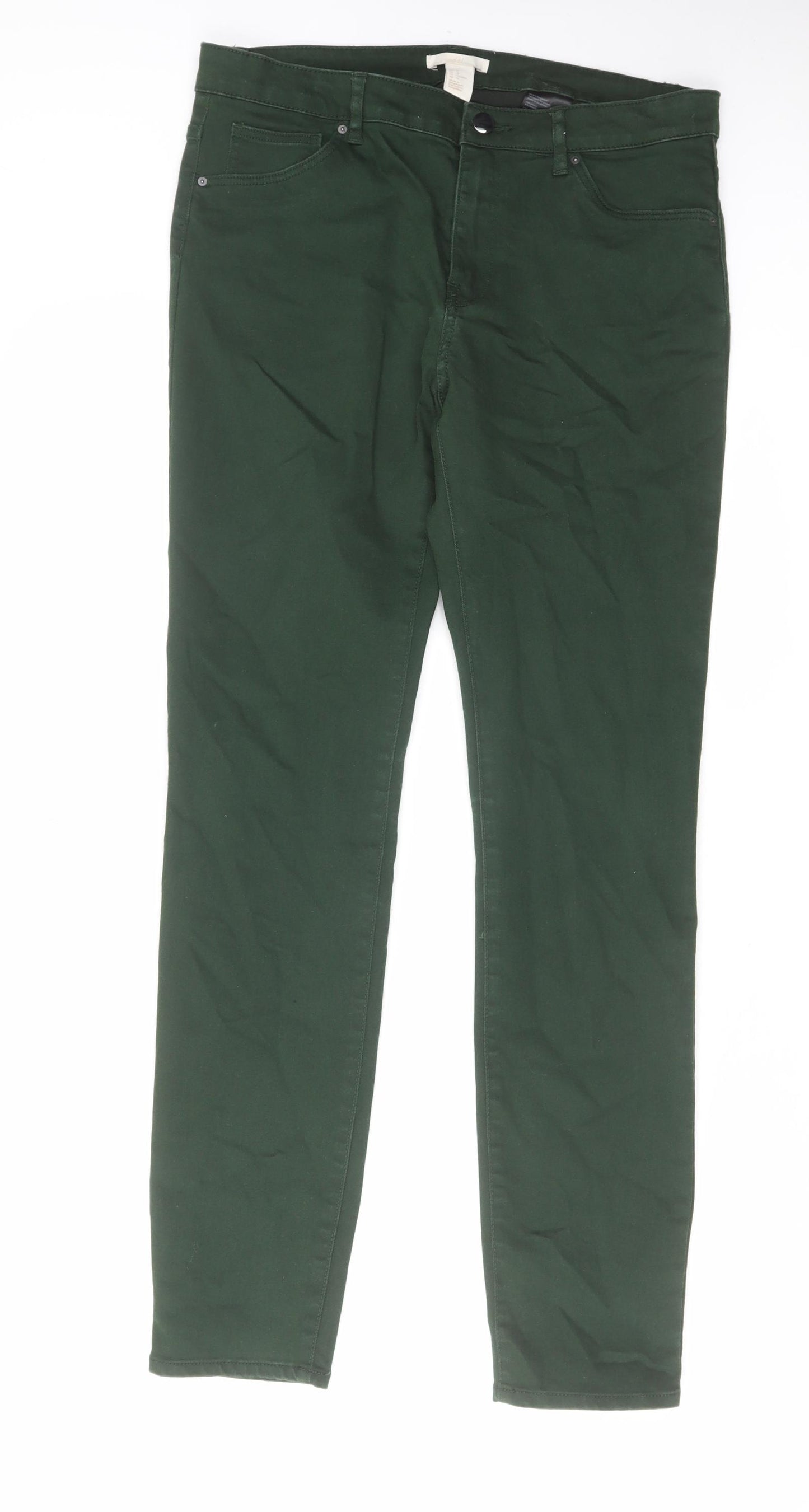 H&M Womens Green Cotton Straight Jeans Size 14 L30 in Regular Zip