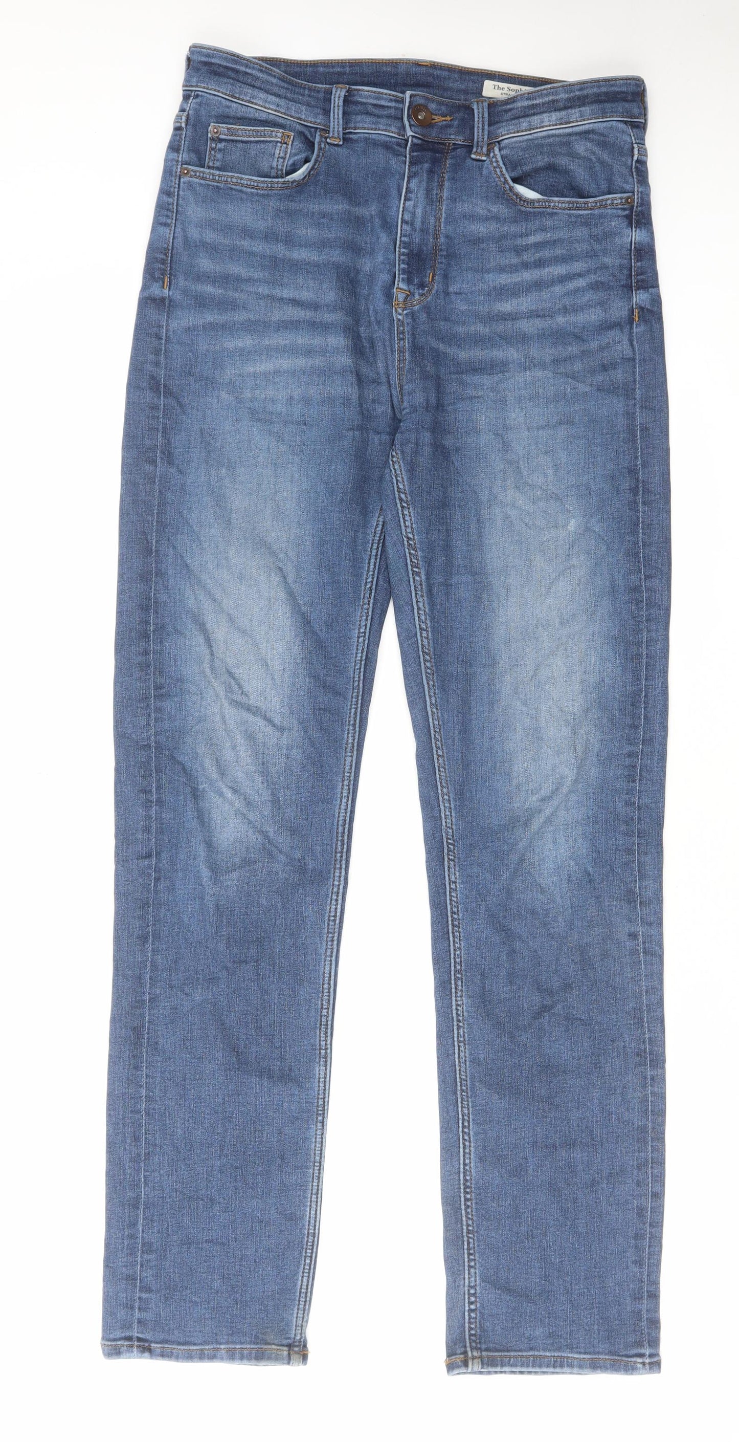 Marks and Spencer Womens Blue Herringbone Cotton Straight Jeans Size 12 L31 in Regular Zip