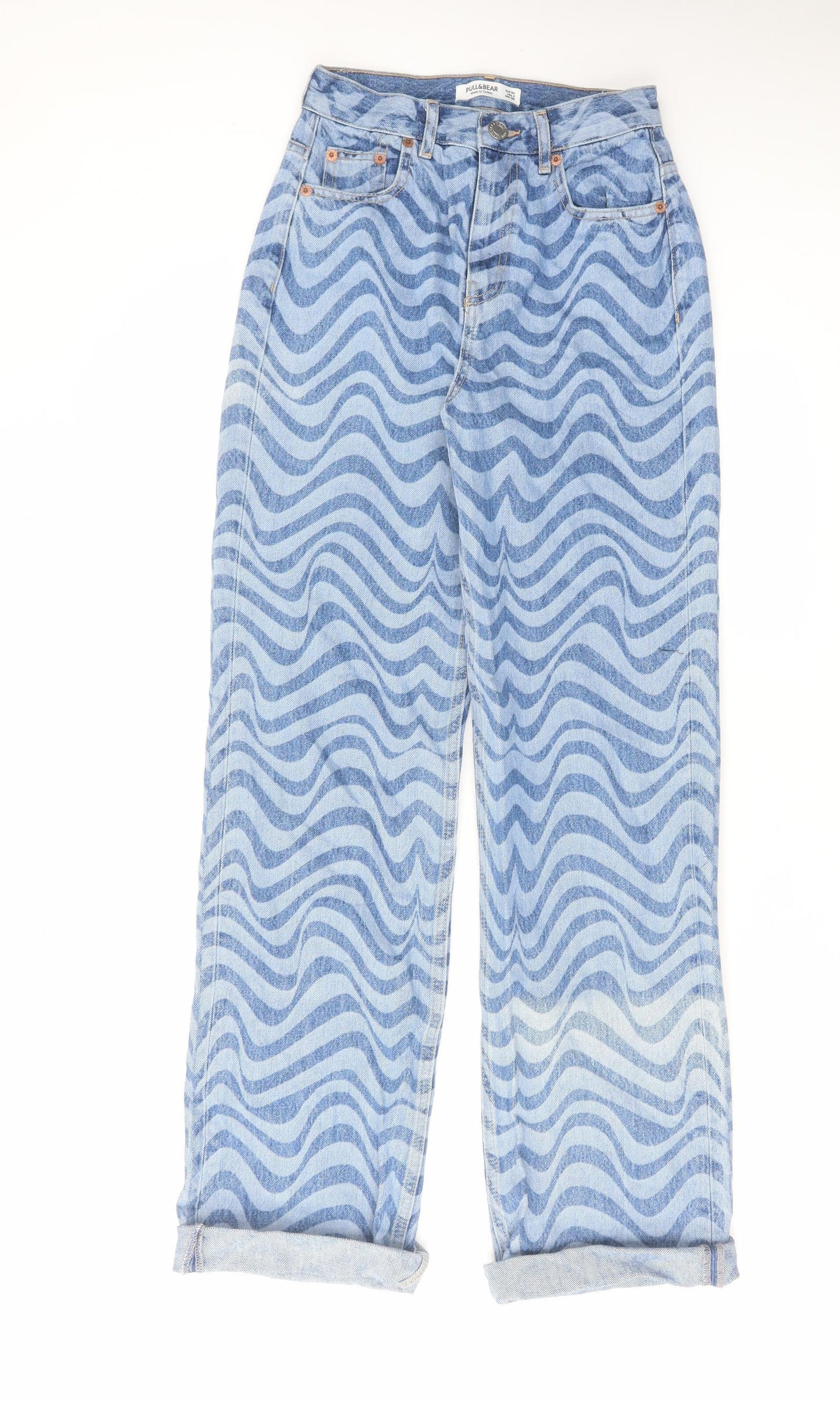 Pull&Bear Womens Blue Geometric Cotton Tapered Jeans Size 6 L32 in Regular Zip