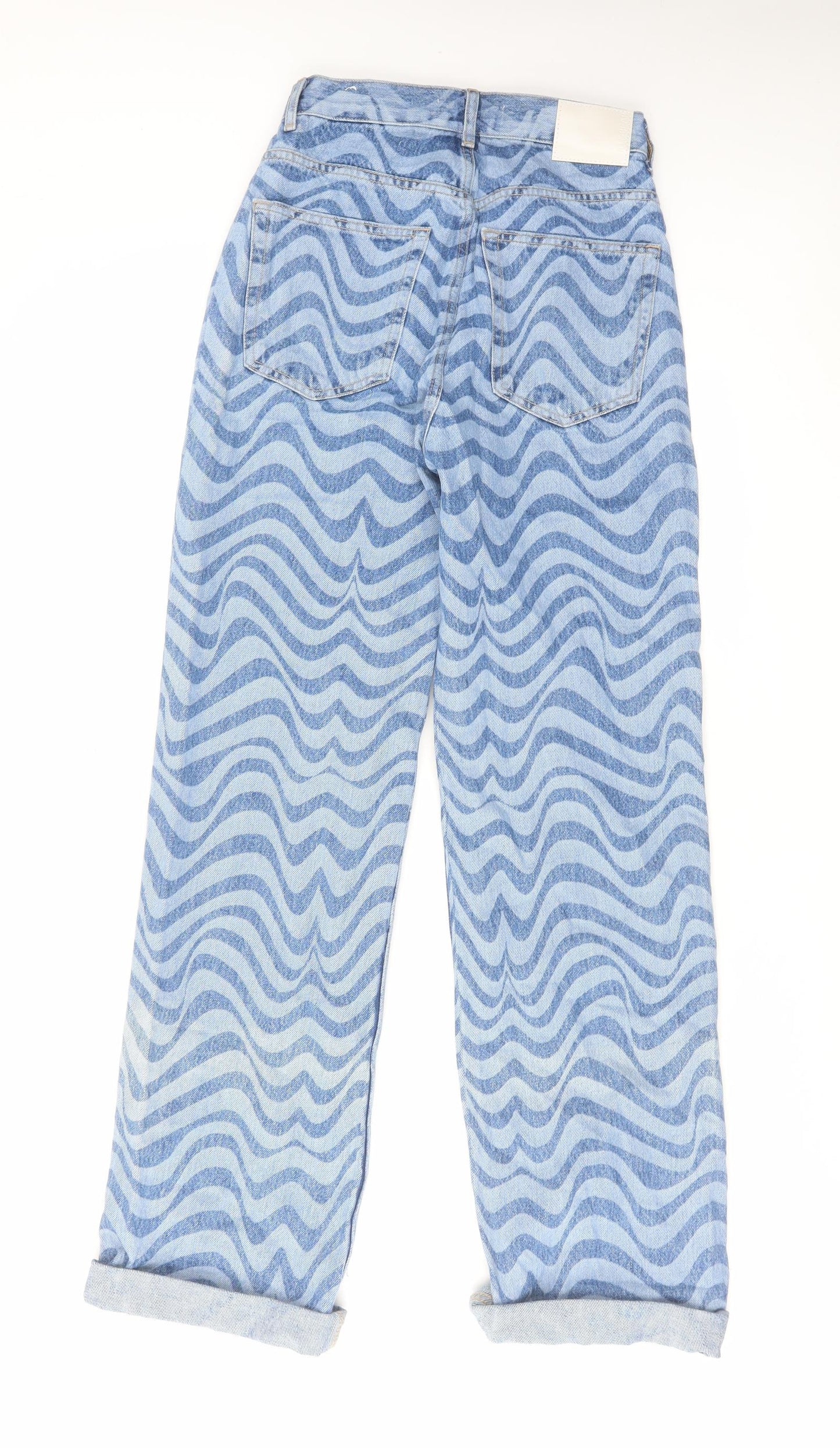 Pull&Bear Womens Blue Geometric Cotton Tapered Jeans Size 6 L32 in Regular Zip