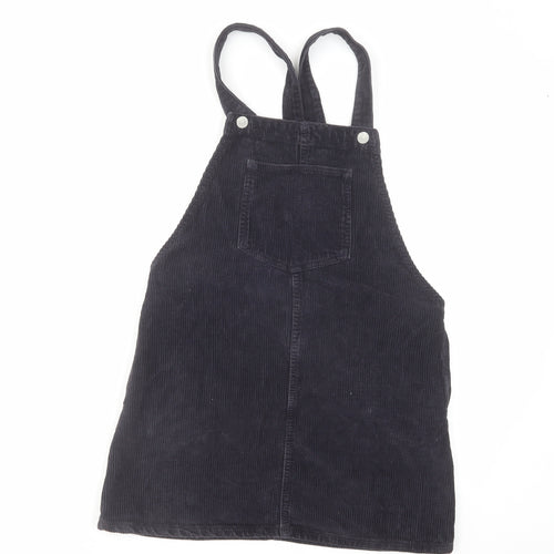 Topshop Womens Black Cotton Pinafore/Dungaree Dress Size 6 Square Neck Button