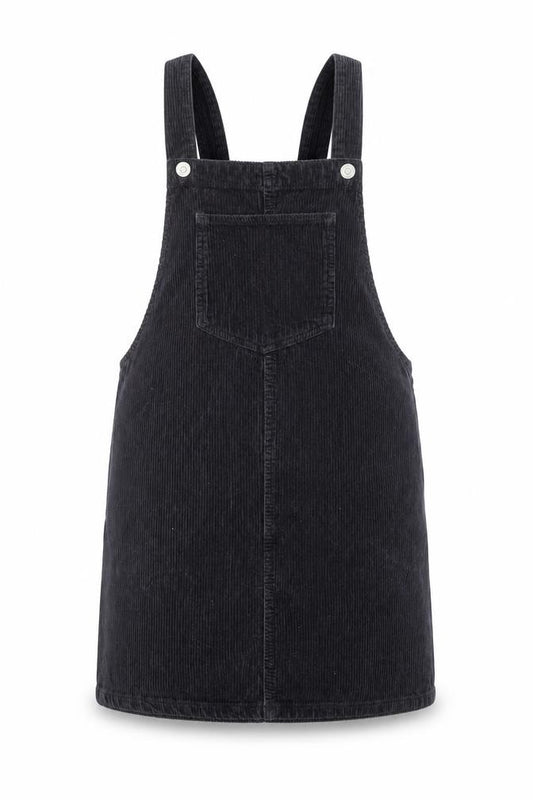 Front view of Topshop women’s black cotton pinafore/dungaree dress, size UK 6, square neck button