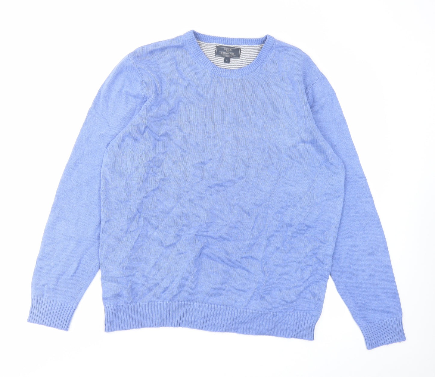 Atlantic Bay Mens Blue Round Neck Cotton Pullover Jumper Size L Long Sleeve