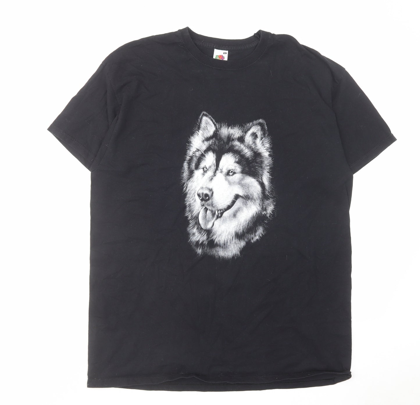 Fruit of the Loom Mens Black Cotton T-Shirt Size XL Crew Neck - Husky print