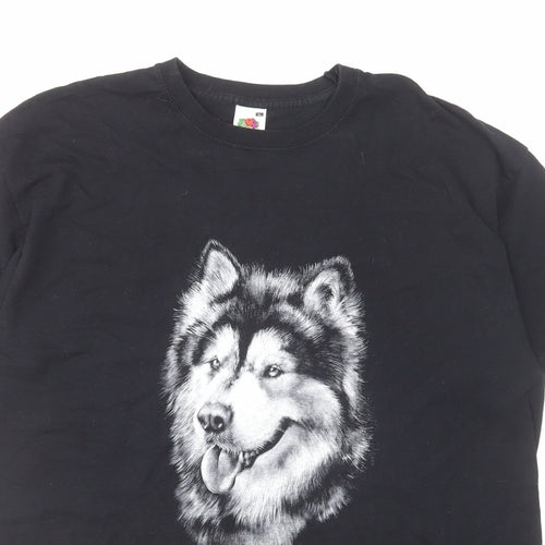 Fruit of the Loom Mens Black Cotton T-Shirt Size XL Crew Neck - Husky print