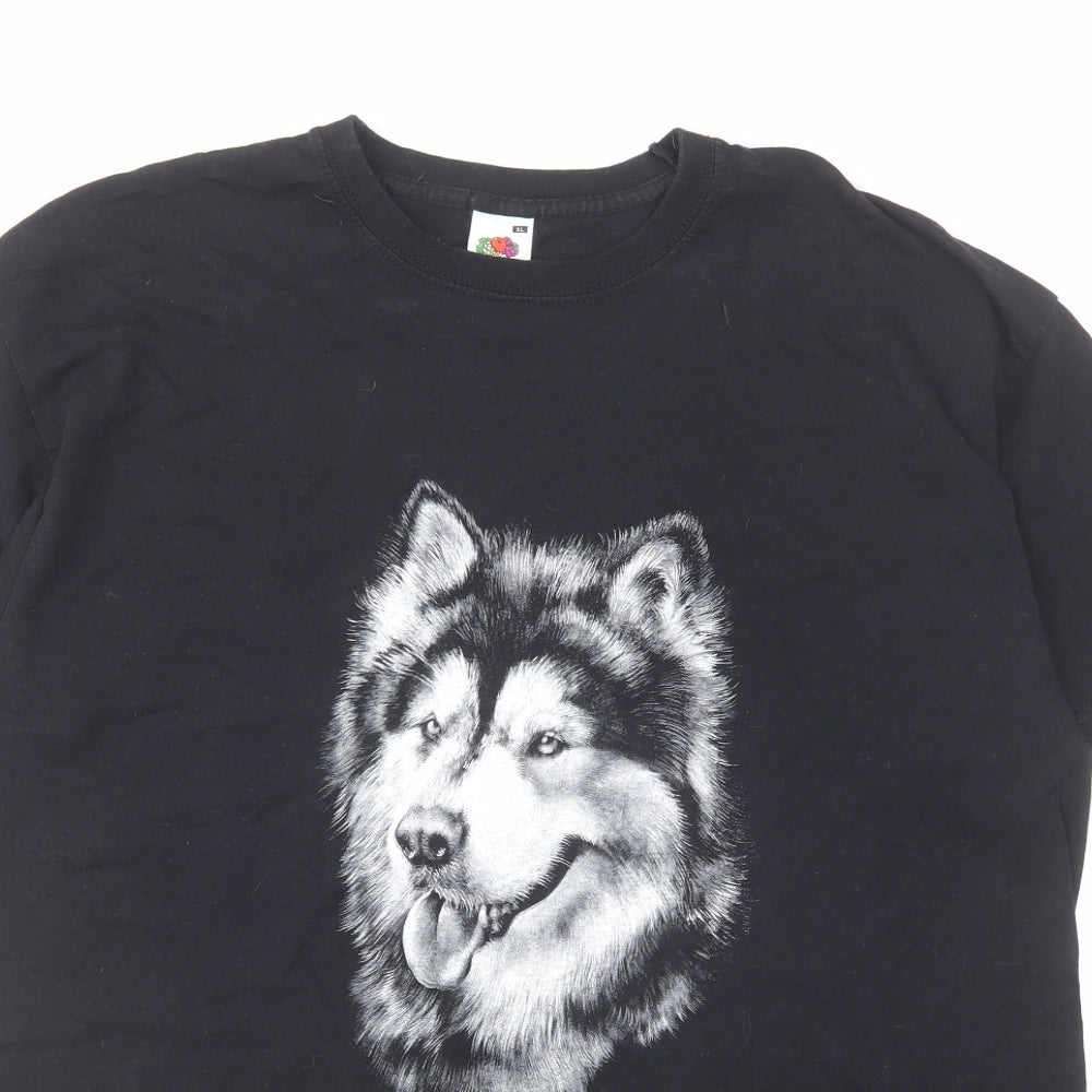 Fruit of the Loom Mens Black Cotton T-Shirt Size XL Crew Neck - Husky print