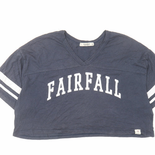 Pull&Bear Womens Blue Polyester Cropped T-Shirt Size L V-Neck