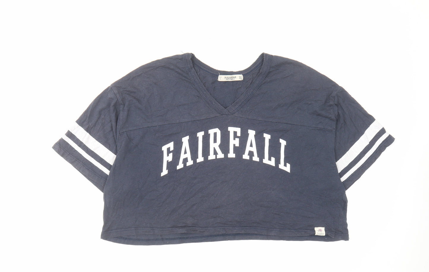 Pull&Bear Womens Blue Polyester Cropped T-Shirt Size L V-Neck