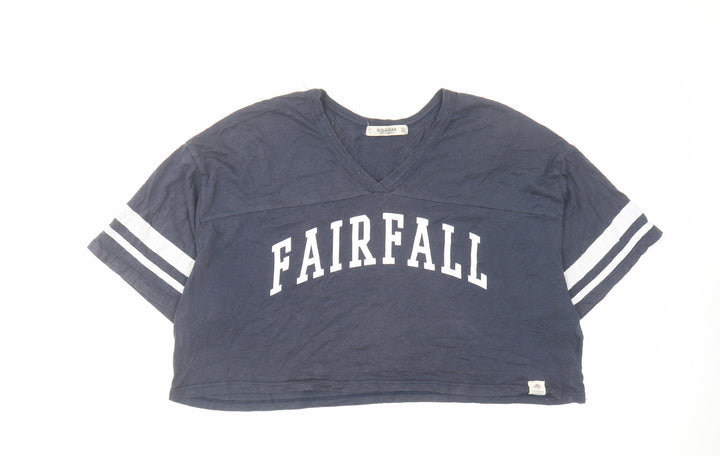 Pull&Bear Womens Blue Polyester Cropped T-Shirt Size L V-Neck