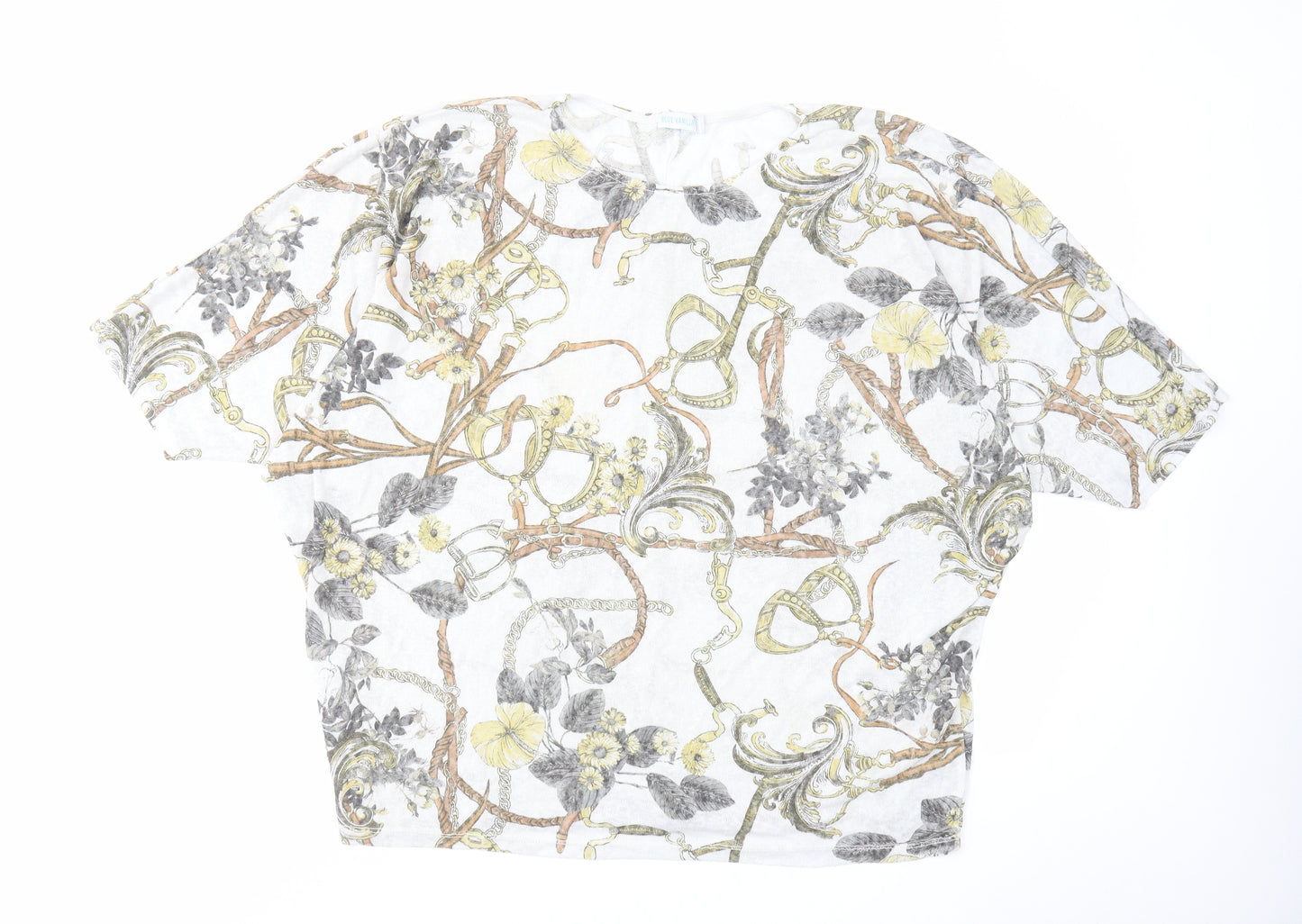 Blue Vanilla Womens White Floral Polyester Cropped Blouse Size S Round Neck