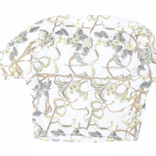 Blue Vanilla Womens White Floral Polyester Cropped Blouse Size S Round Neck