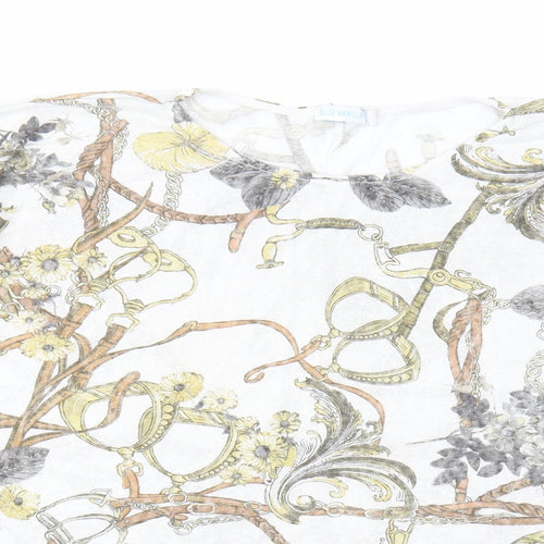 Blue Vanilla Womens White Floral Polyester Cropped Blouse Size S Round Neck