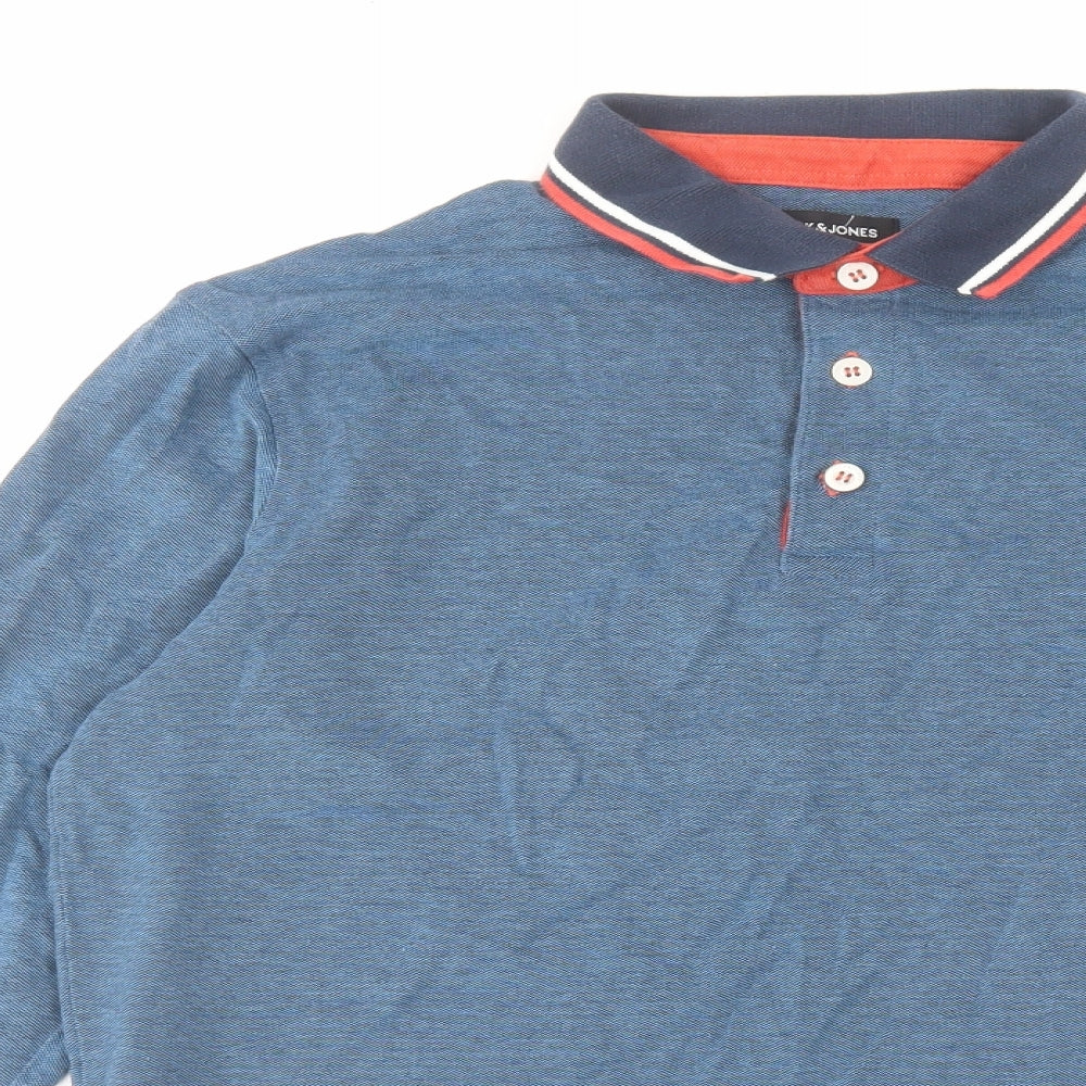 JACK & JONES Mens Blue Cotton Polo Size M Collared Button