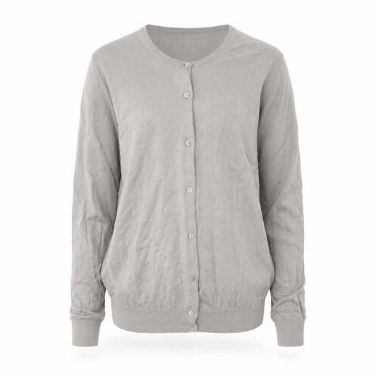 Front view of Uniqlo men’s grey round neck cotton cardigan jumper, size L, long sleeve