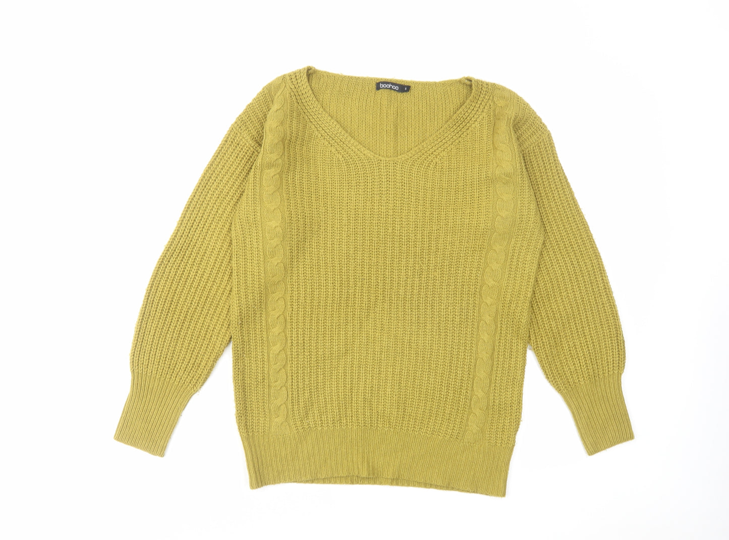 Boohoo Womens Green V-Neck Acrylic Pullover Jumper Size S