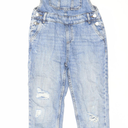Marks and Spencer Girls Blue Cotton Dungaree One-Piece Size 7-8 Years Button - Distressed