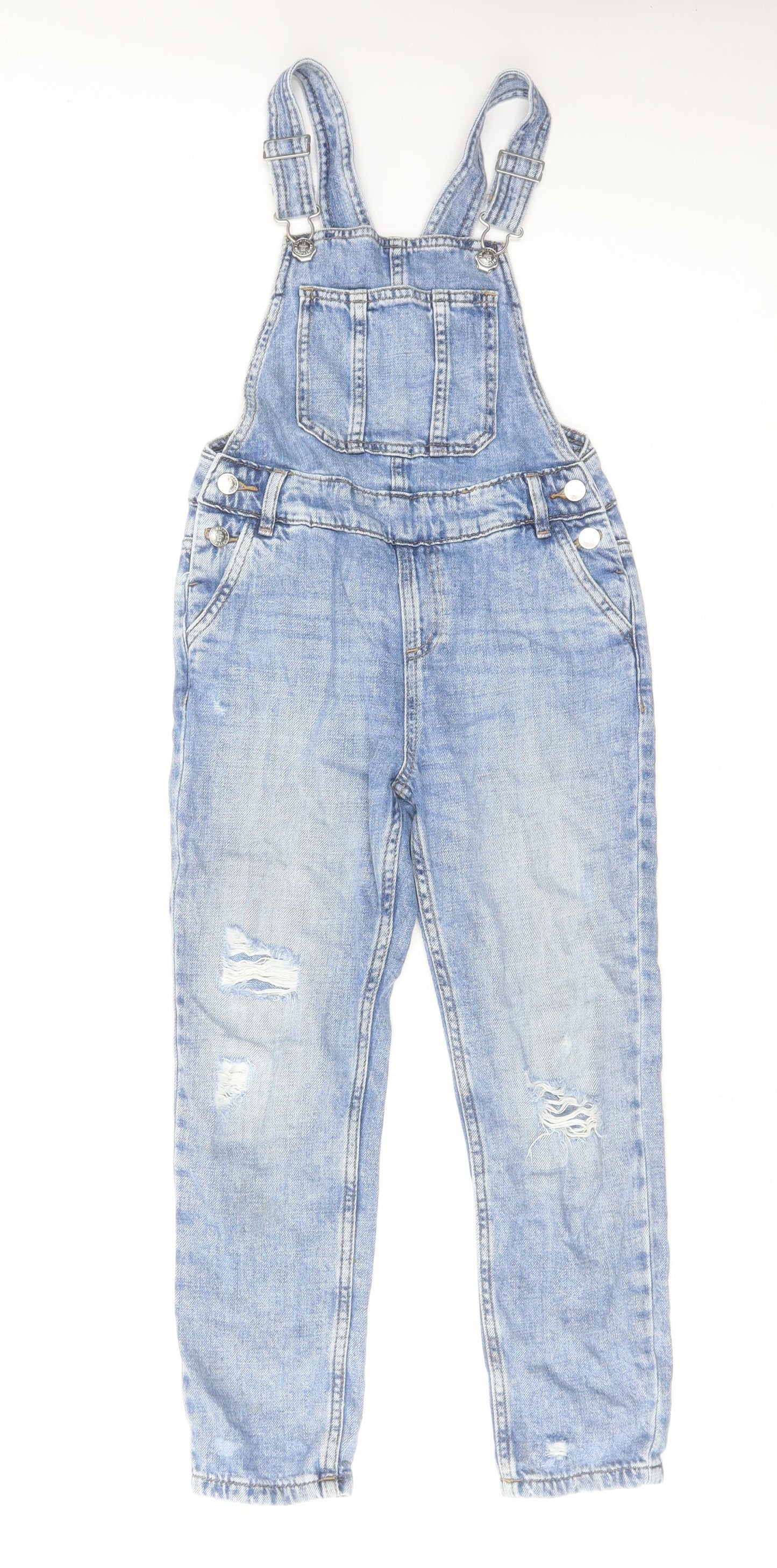 Marks and Spencer Girls Blue Cotton Dungaree One-Piece Size 7-8 Years Button - Distressed